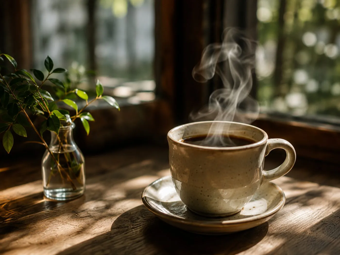 湯気の立つコーヒーと窓辺の植物